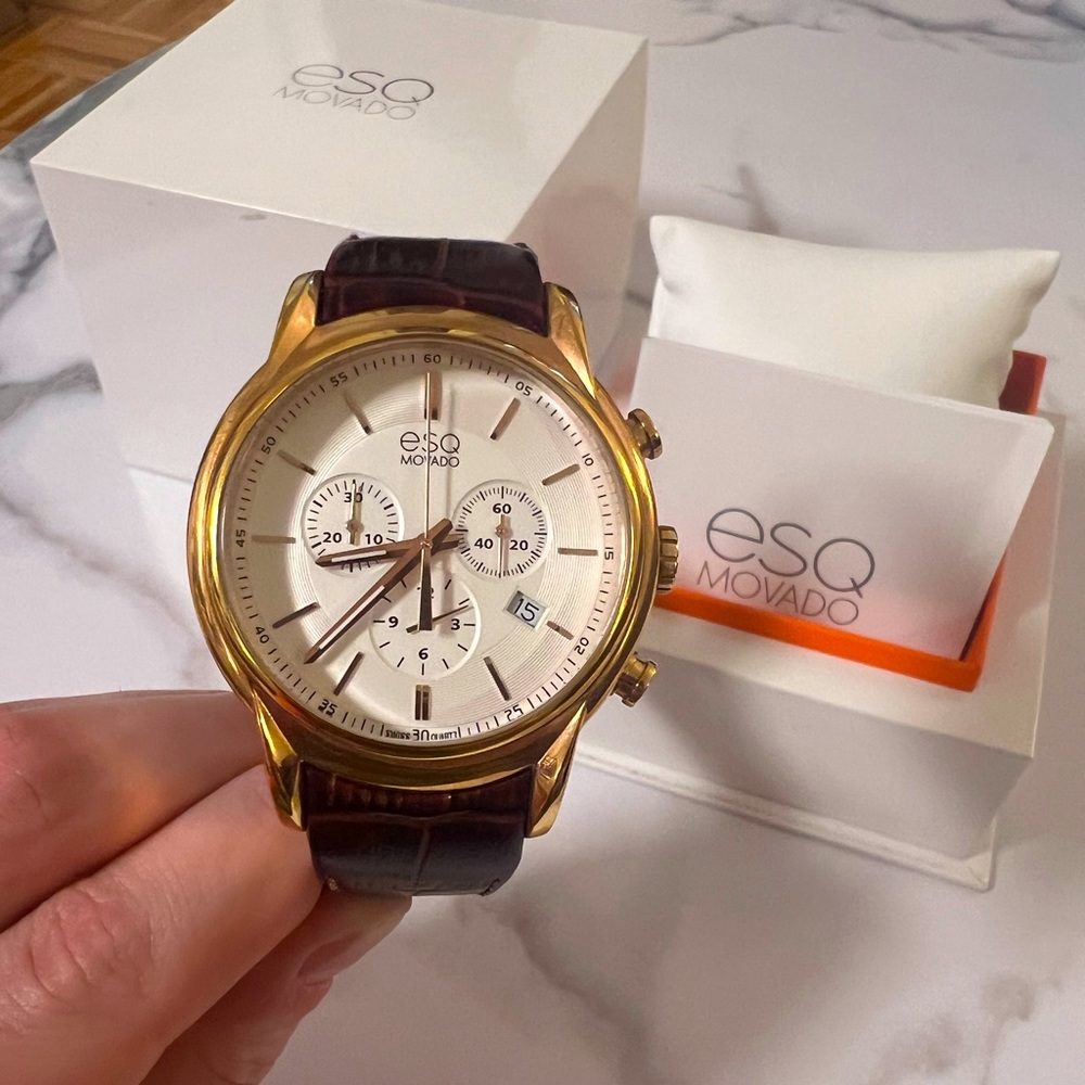 Gorgeous ESQ Movado Men’s Chronograph Leather dress watch… with box and papers!